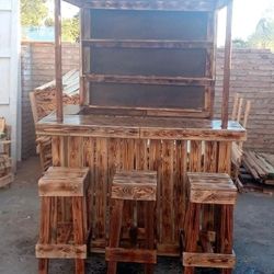 5 Ft Patio Rustic  Bar And 3 Stool