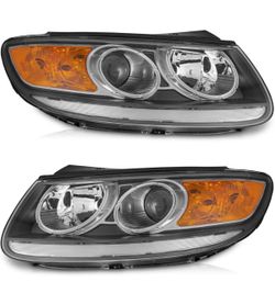 WEELMOTO Headlights Pair 2007-2012 Hyundai Santa Fe Halogen Black Housing Amber