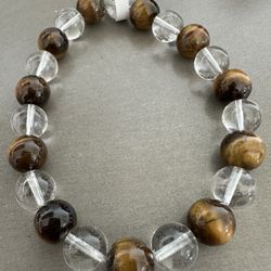 New, Men’s Tiger Eye Stone And Clear Quartz Crystal Bracelet. Jewelry Bag And Meanings Included.