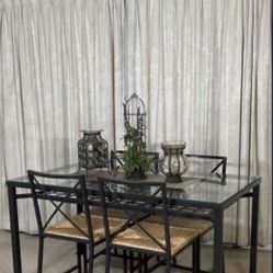 IKEA Glass & Iron Dining Table With 4 Seagrass Chairs
