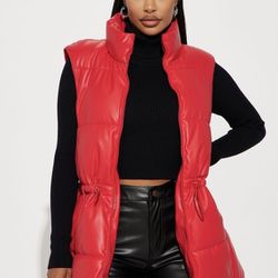 New Scene Faux Leather Puffer Vest - Red
