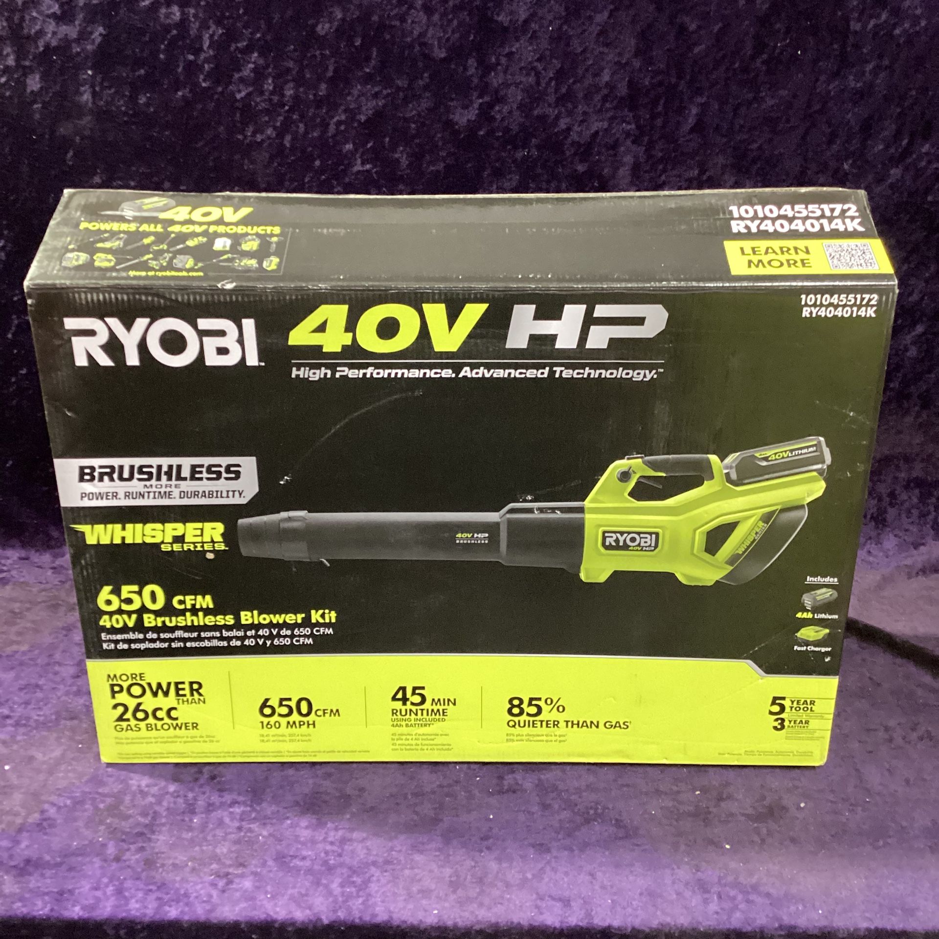 🧰🛠RYOBI 40V HP Brushless WHISPER 160MPH/650CFM Leaf Blower w/4.0Ah Batt & Charger-NEW!-$210!🧰ðŸ›