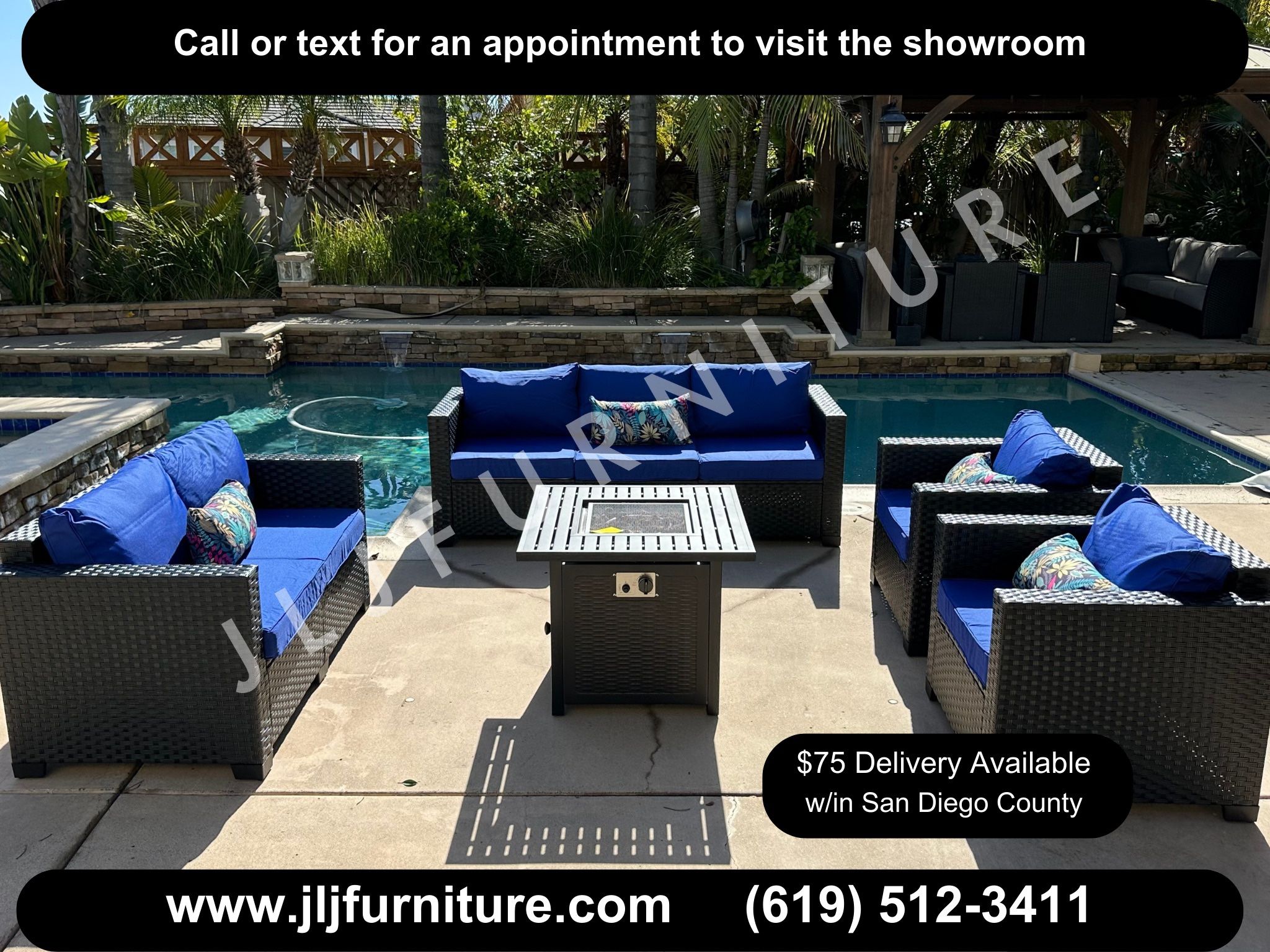 NEW🔥Outdoor Patio Furniture Black Wicker 4" Royal Blue Non Slip Cushions Conversation set Firepit ASSEMBLED