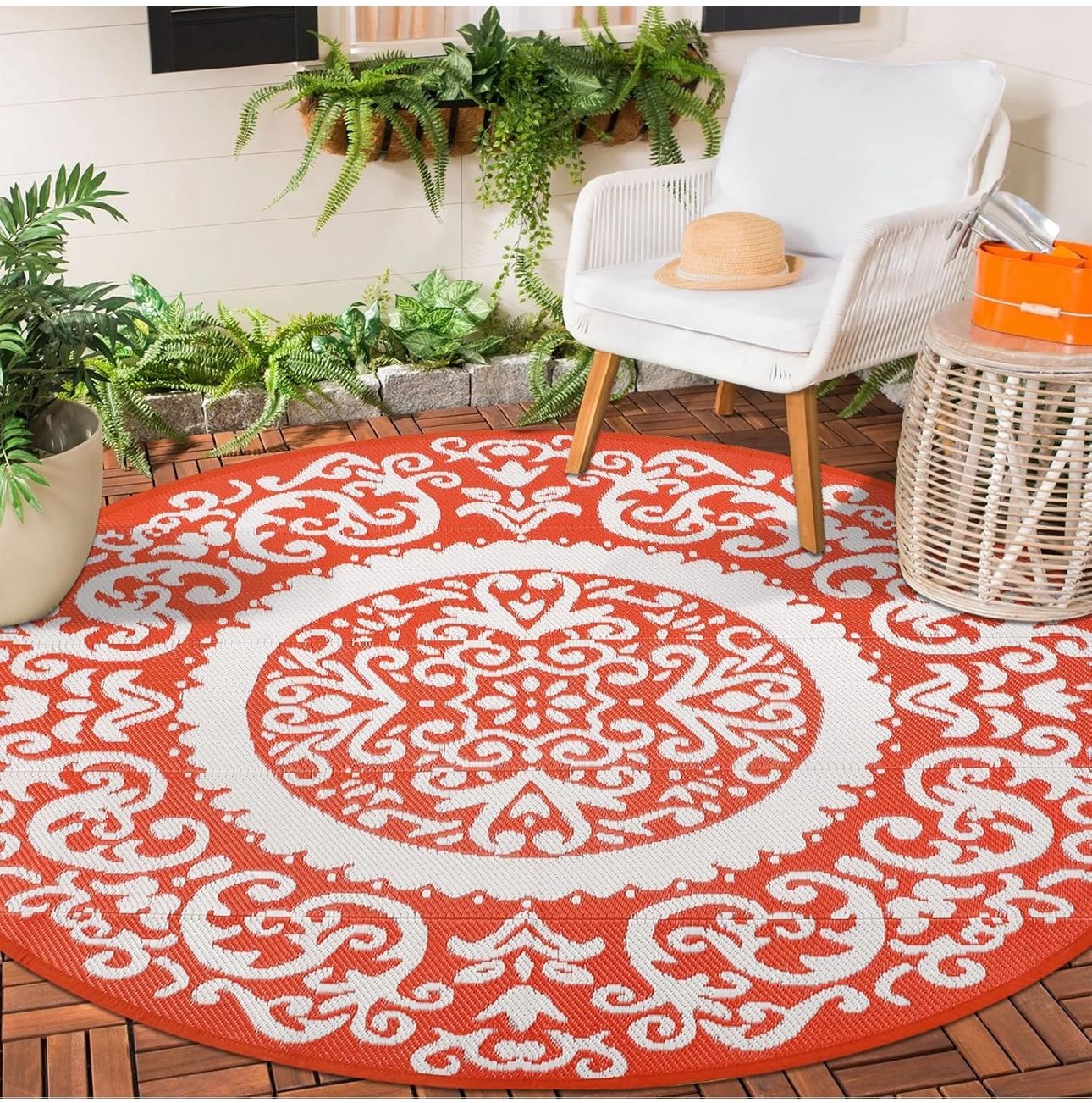 Homcomoda Round Outdoor rug 6ft Orange Patio Rugs Clearance Reversible Plastic Straw Rugs Waterproof