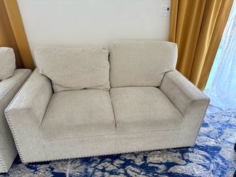 3 Beige Fabric Loveseat with Nailhead Trim