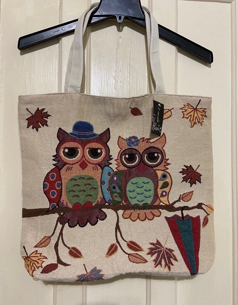 1pc Canvas Bag Night Owl Pattern Pouch Fashion Embroidery Bag Shoulder Bag, New