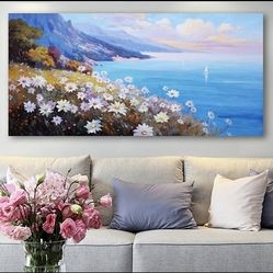 Coastal Landscape Wall Art Nature Flower Mountain Canvas Painting Blue Ocean Seascape Picture