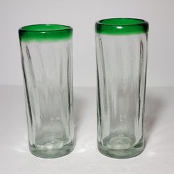 Hand Blown Glass Tumblers Green Rim
