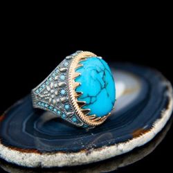 Men's Vintage Handmade Turquoise 925 Sterling Silver Ring - Size 11