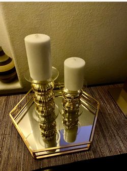 Two Candleholders , Gold Tone Glass 