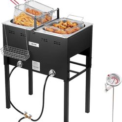 Outdoor Propane Fryer, Commercial Large Capacity 16QTx2 Dual Tank Deep Fryer, Stainless Steel Fish Fryer with 3 Baskets, Thermometer, Floor Fryers