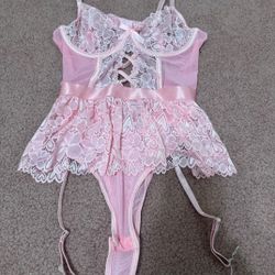 New Small Pink Heart Lingerie Bodysuit Lace 