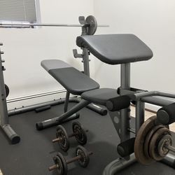 Weider XRS 20 Workout Bench With Squat Rack  And Preacher  Plus 5 Ft & 6 Ft  Barbell And Assorted Weights