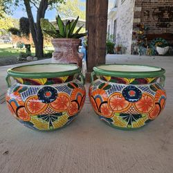 Authentic Talavera Green Rim Clay Pots, Planters,Plants, Pottery $60 cada uno.