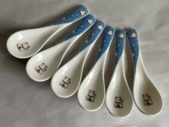 Set of Six Japanese Porcelain Lucky Cat Soup Spoons