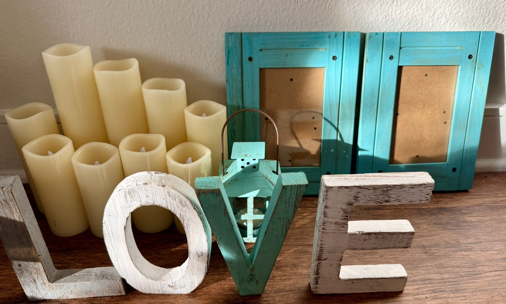 Beautiful Home Decor - 9 Ivory Flameless Candles, LOVE aqua blue white gray Sign, 2 Picture Frames, Tealight Candle Lantern ~ cute lot of decorations