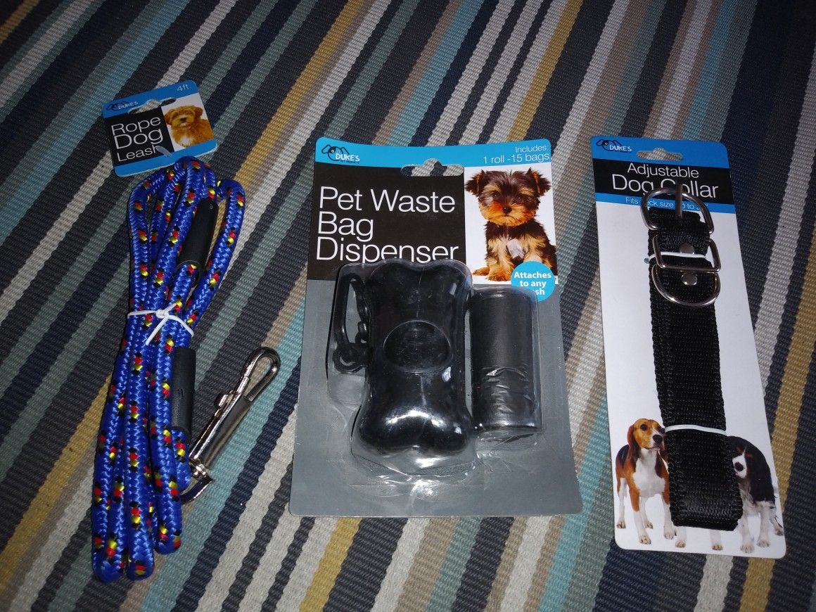 Black and Blue Collar Dog Walking Set with leash and waste bags