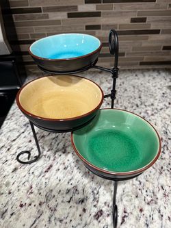 3-Tier Ceramic Bowl Set with Metal Stand