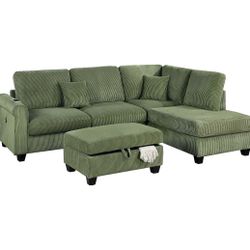 New L Shape Sectional Chaise STORAGE OTTOMAN Sofa Couch Set Soft Plush Fabric Green