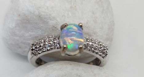 Ethiopian Welo Opal. Zircon.  Ring. 