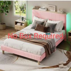 Bed Frame In Box, Full, LED, Storage, Remote, Motion Sensor, Pink Upholstery