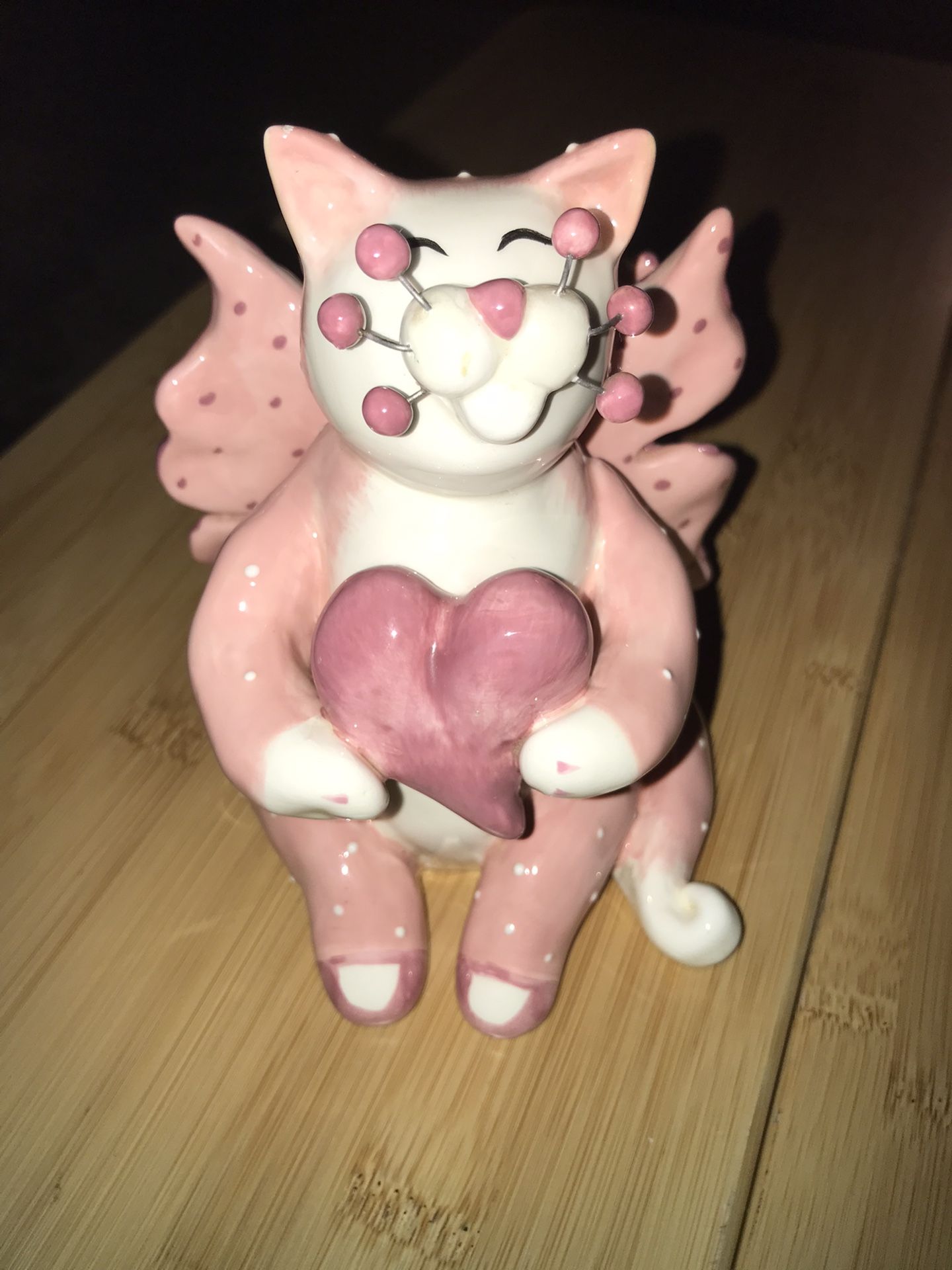 Amy Lacombe Whimsiclay Ceramic Pink Heart Angel Cat Figurine Valentine's Day