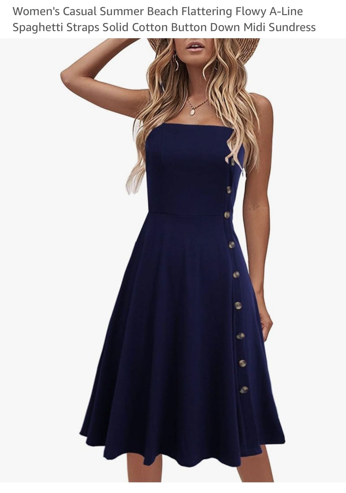 Women's Casual Summer Beach Flattering Flowy A-Line Spaghetti Straps Solid Cotton Button Down Midi Sundress (Womens Small)