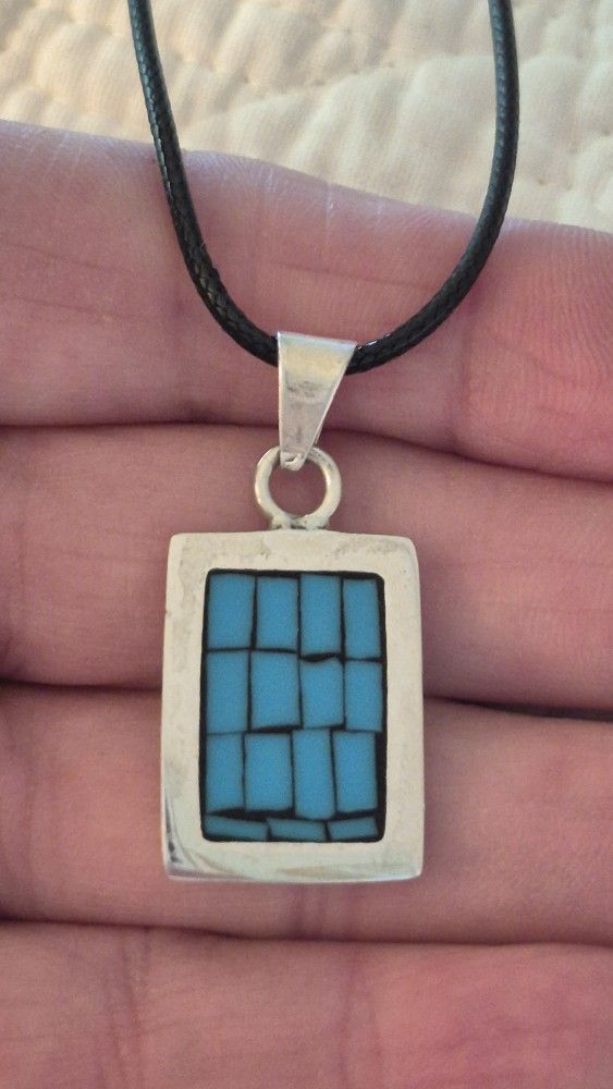 Vtg.Mexico Sterling Silver Inlaid Turquoise Pendant & Black Leather Necklace- 18 In.