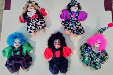 5 Vintage Hand Painted Porcelain Faced Chinese Clown Dolls