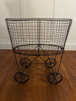 Vintage Metal Wire Laundry Cart on Wheels