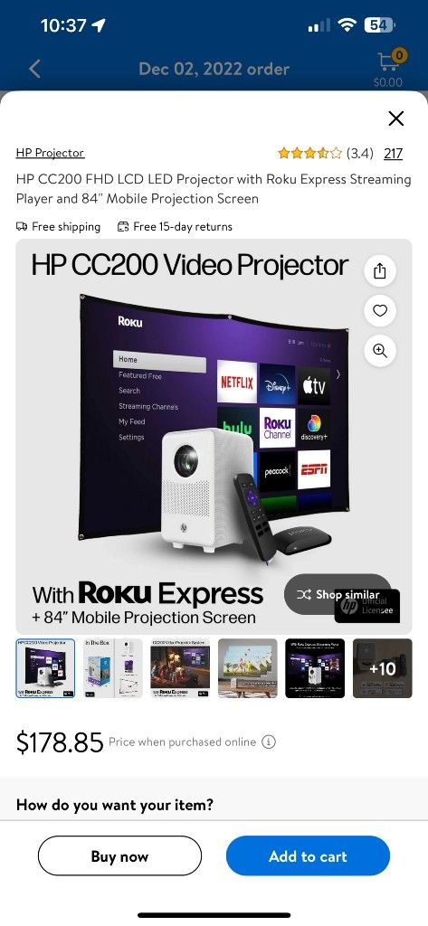 HP CC220 FHD LCD LED Projector with Roku Express Streaming Player and 84" Mobile Projection Screen