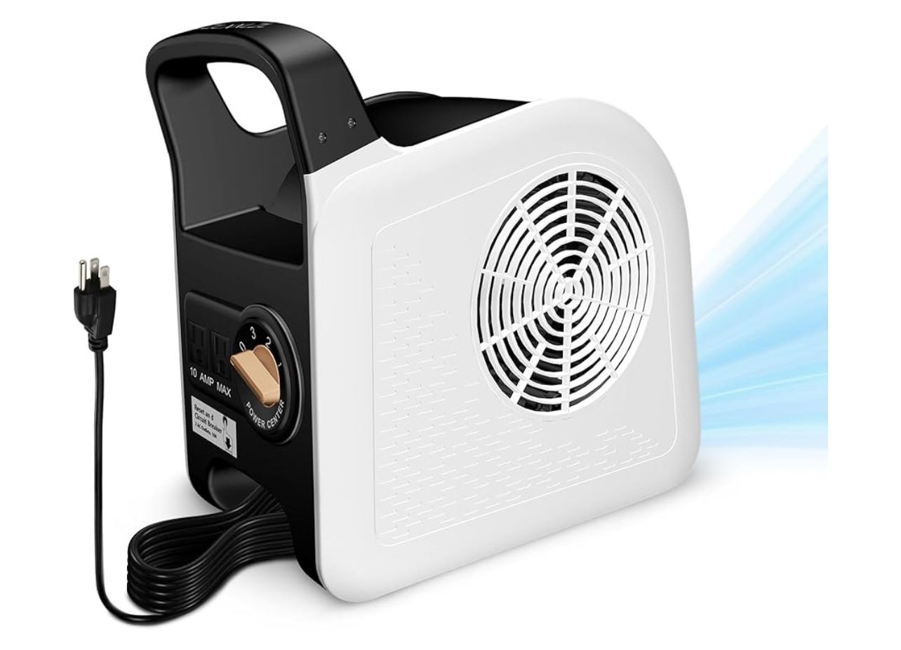 Air Mover Blower Fan - Utility Fan 3 Speeds, 2 AC Outlets, Reset and Circuit Breaker, White