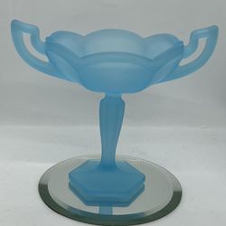 VTG  7” Westmoreland Blue Satin Glass Trophy Compote / Candy Dish With Handles