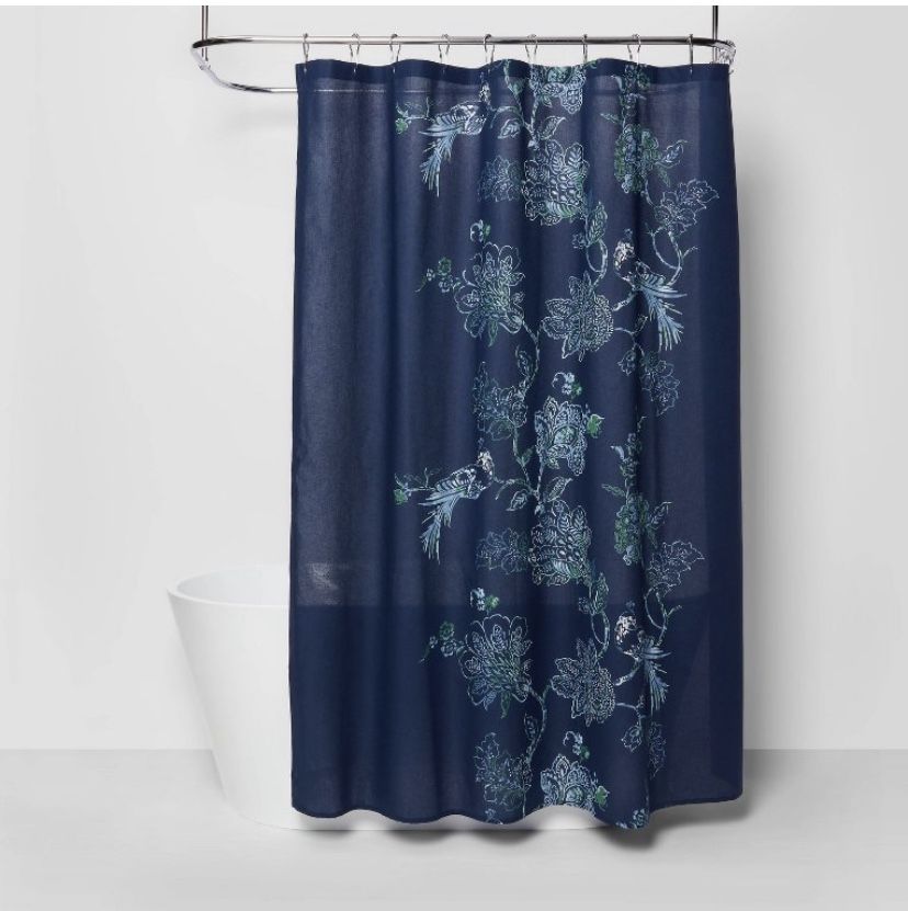 Threshold Fabric Shower Curtain Navy Blue Floral 100% Cotton