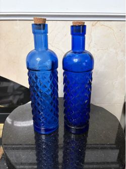 Set of 2 cobalt blue art glass bottle with cork 11”T