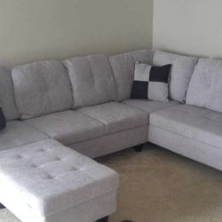 Grey Linen Sectional Couch And Ottoman 