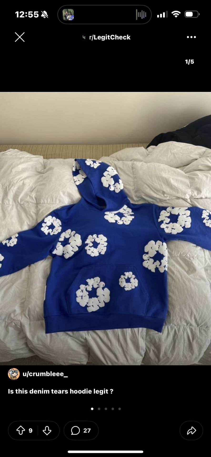 Blue and white denim tears hoodie