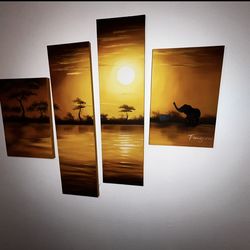 🐘 Large 4-Panel African Sunset Canvas - Signed Hand-Painted Art ✨