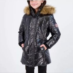 Andy & Evan NWT Kid’s Metallic Black Long Bubble Puffer Fur Hood Parka Coat Small