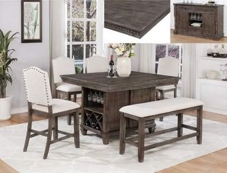 6 PIECE RUSTIC STYLE COUNTER HEIGHT KITCHEN ISLAND DINING TABLE SET STORAGE BENCH