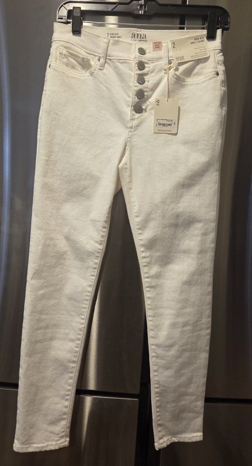 A.N.A. brand Womens White Jeans - Size 2, High Rise, Skinny Ankle, Button Fly - BRAND NEW!