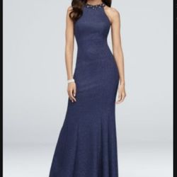 Beaded Neckline Textured Glitter Knitting Fabric Mermaid Gown