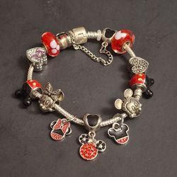 Mickey & Minnie Mouse Disney Charm 7.5" Bracelet On 925 Silver Snake Chain W/Barrel Clasp & Safety Chain - Mint Condition