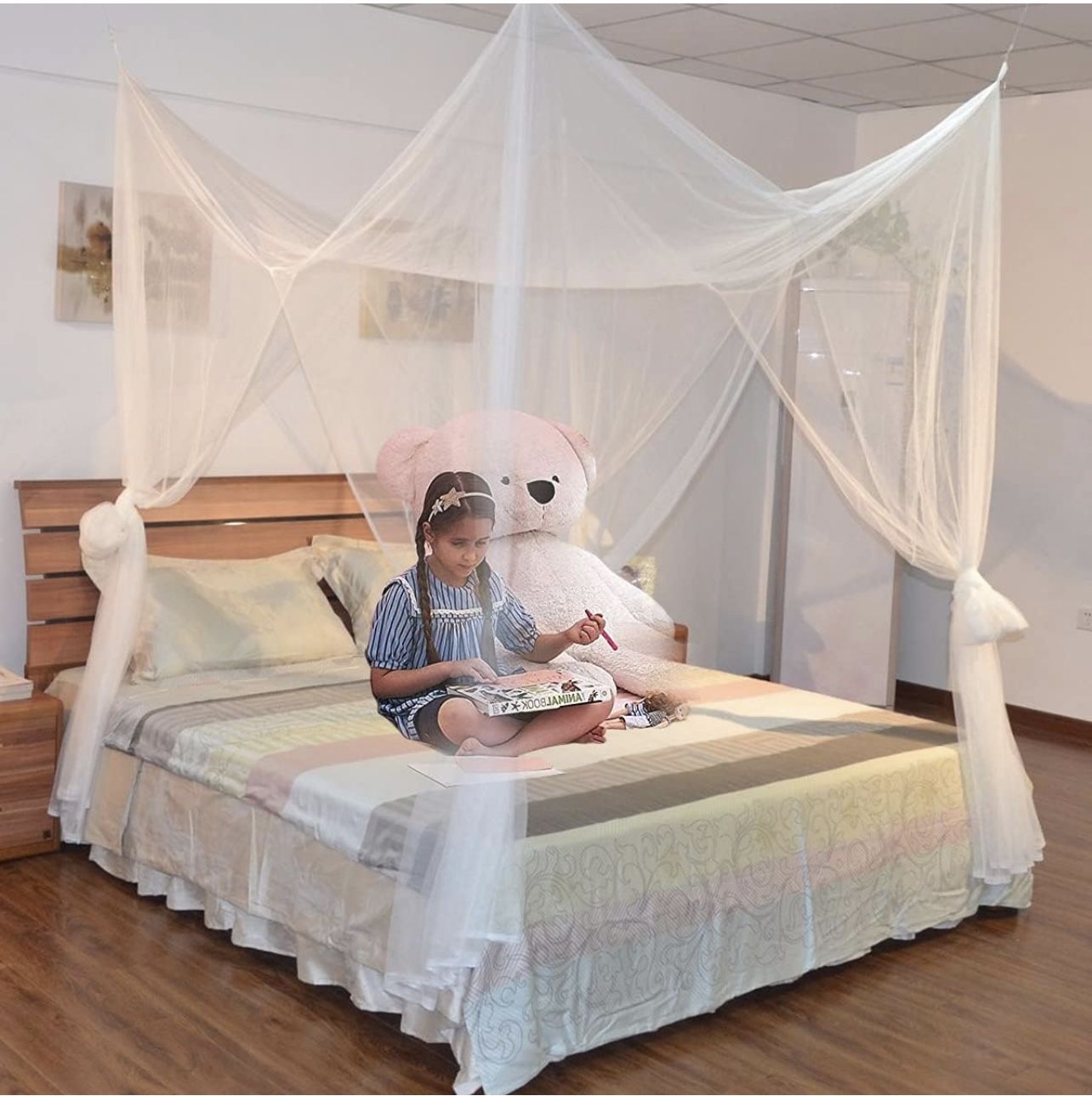 4 Corners Bed Canopy Mosquito Net for Bed Canopy Bed Curtains Bed Canopies & Drapes for Queen Size Bed Twin Bed and King Bed (White)
