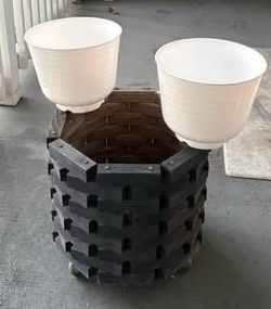 Rolling Wooden Planter cart with two white pots