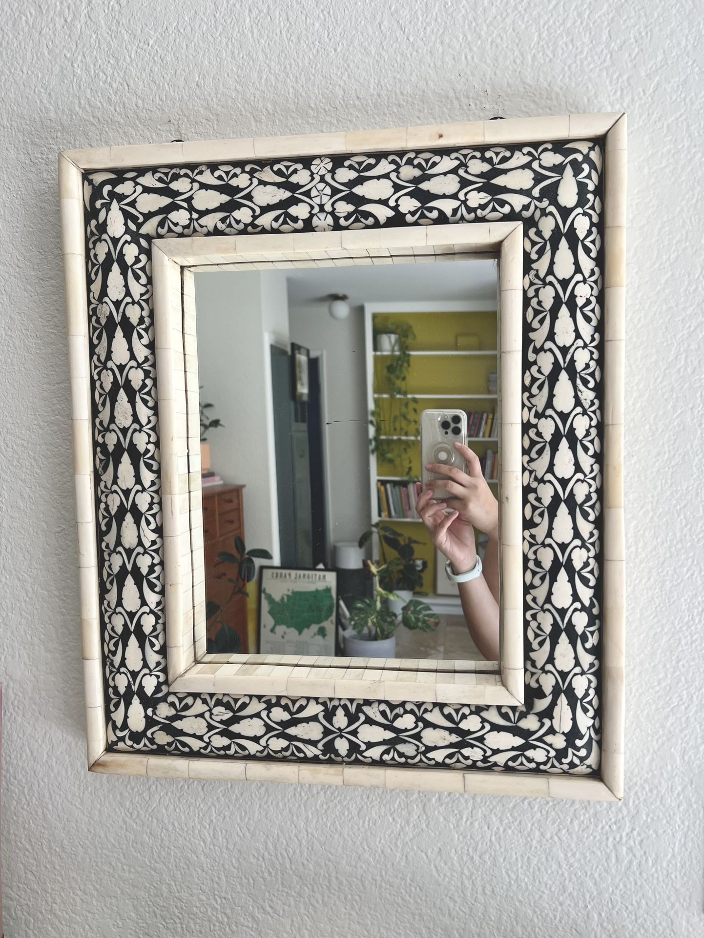 Vintage Ivory Bone Inlay Mirror Hand Painted Antique Wall Accent