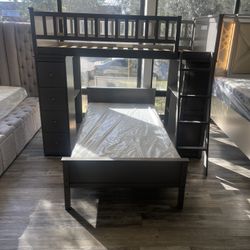 Twin loft bunk bed with shelf and drawers. Available in grey and white. Assembly required. Assembly not included. Tax included. Free local delivery.  