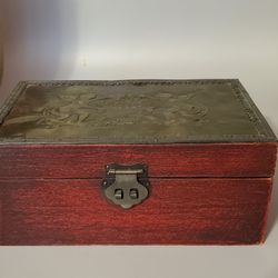 Vintage Red Wooden Jewelry Box With Cherub Design on Top