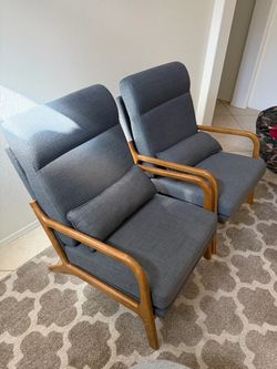 Pair of Gray Upholstered Armchairs with Wood Frame