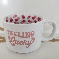NEW White Mug Feeling Lucky Gambling Dice Pink Gift Hearts Valentines Day Kitchen Coffee Funny Rare